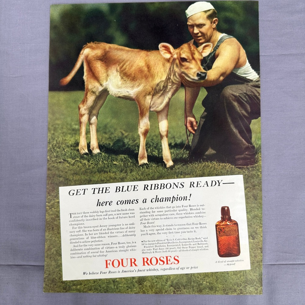1937 Four Roses Whiskey Jersey Calf Blue Ribbon Champion Vtg Print Ad Wall Art